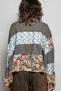 POL Floral Print Top in gray - women's long sleeve top - detail view