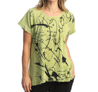 Jess & Jane Scrolls Mineral Washed Gauze & Cotton Top in green - women's t-shirt - detail view