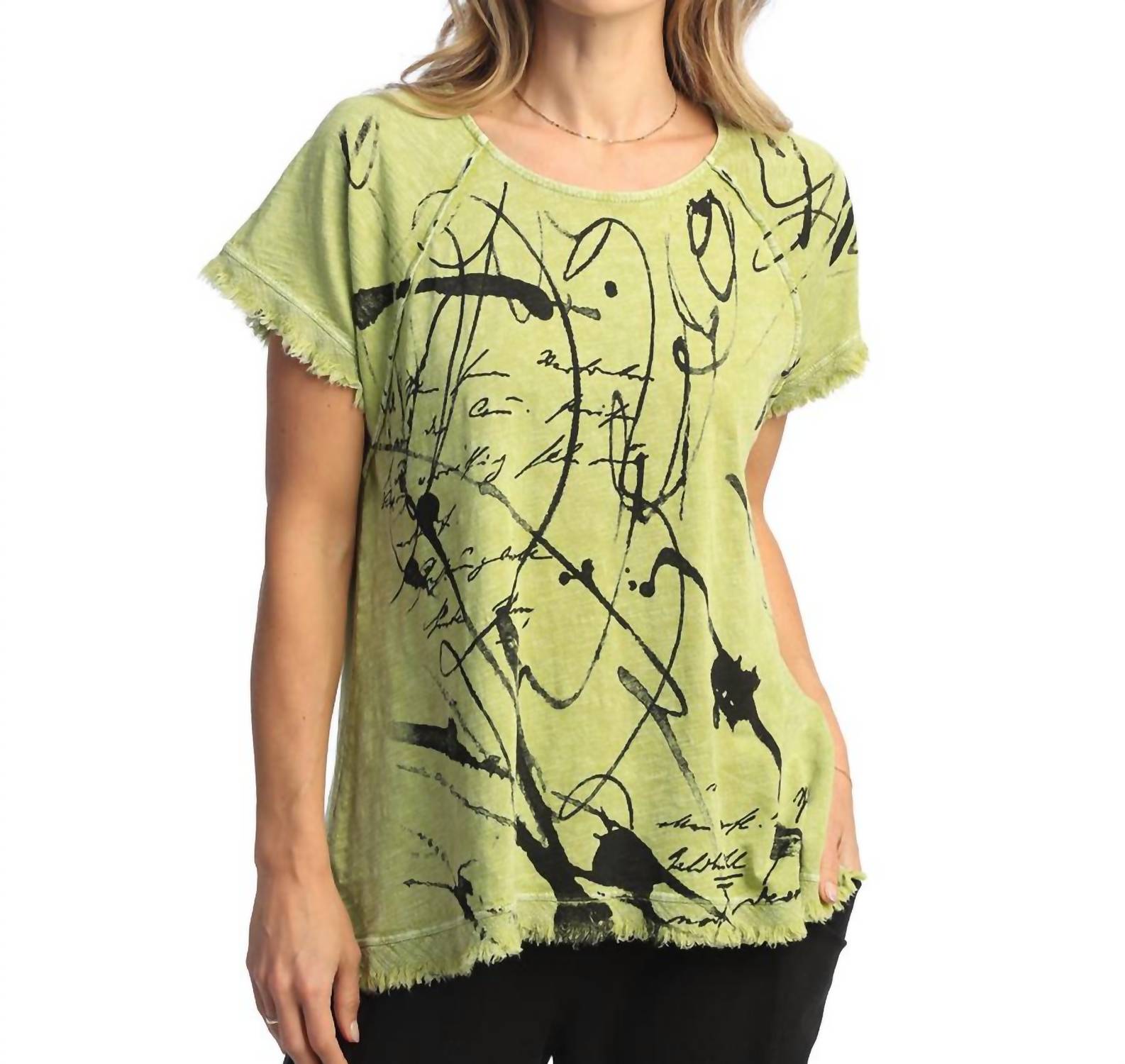 Jess & Jane Scrolls Mineral Washed Gauze & Cotton Top in green - women's t-shirt - detail view