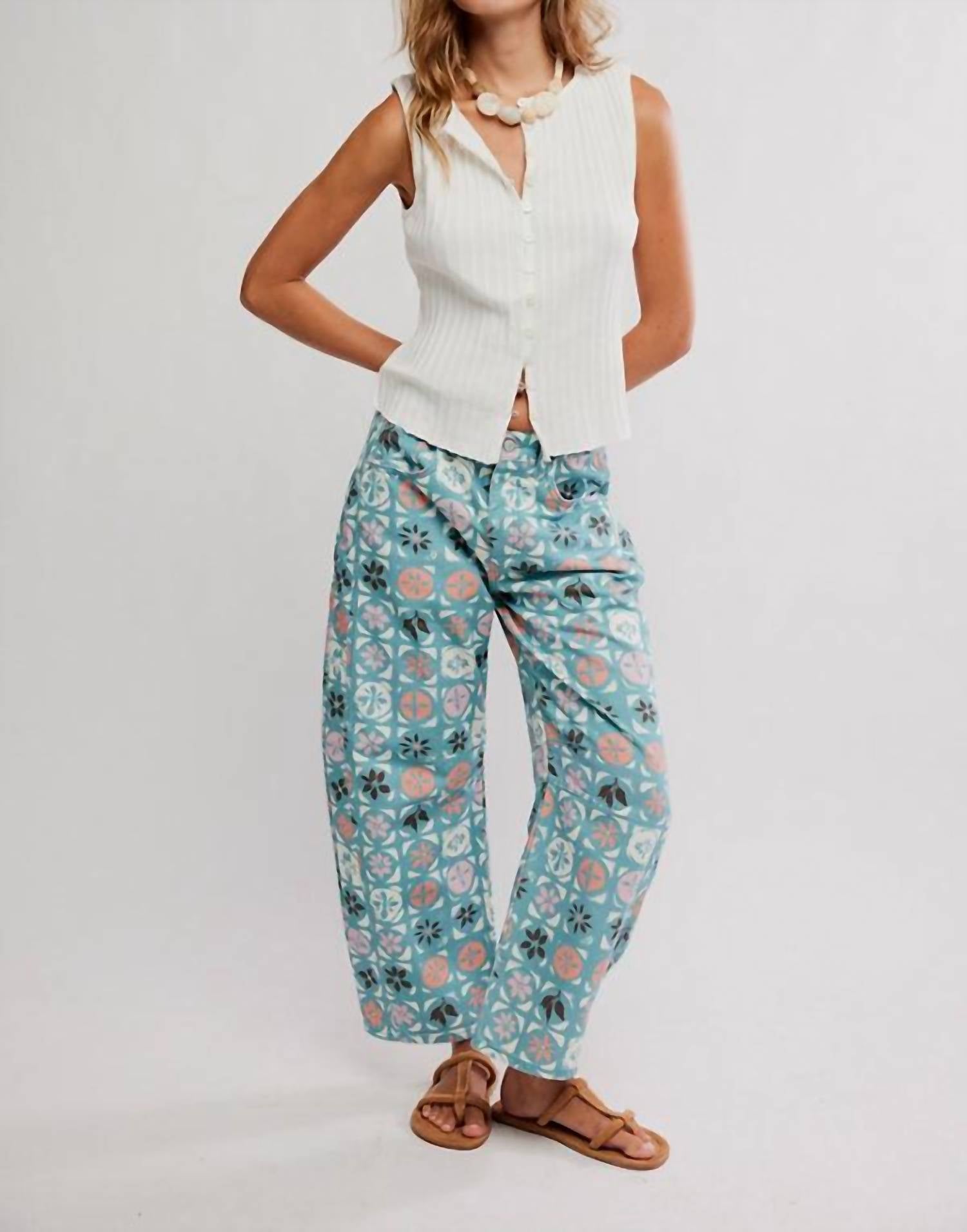Free People Ditzy Jade Fun Barrel Jeans in blue multi - women's jeans