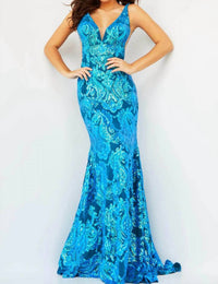 Jovani - Sequin Motif V-neck Prom Dress