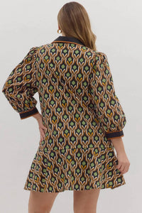 Entro - Geometric Print Long Puff Sleeve Mini Dress - Plus
