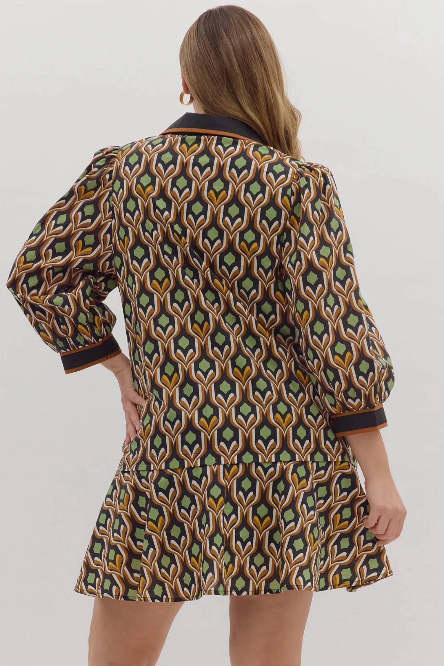 Entro - Geometric Print Long Puff Sleeve Mini Dress - Plus