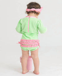 Rufflebutts - Seersucker Long Sleeve One Piece Ruffle Rash Guard Swimsuit