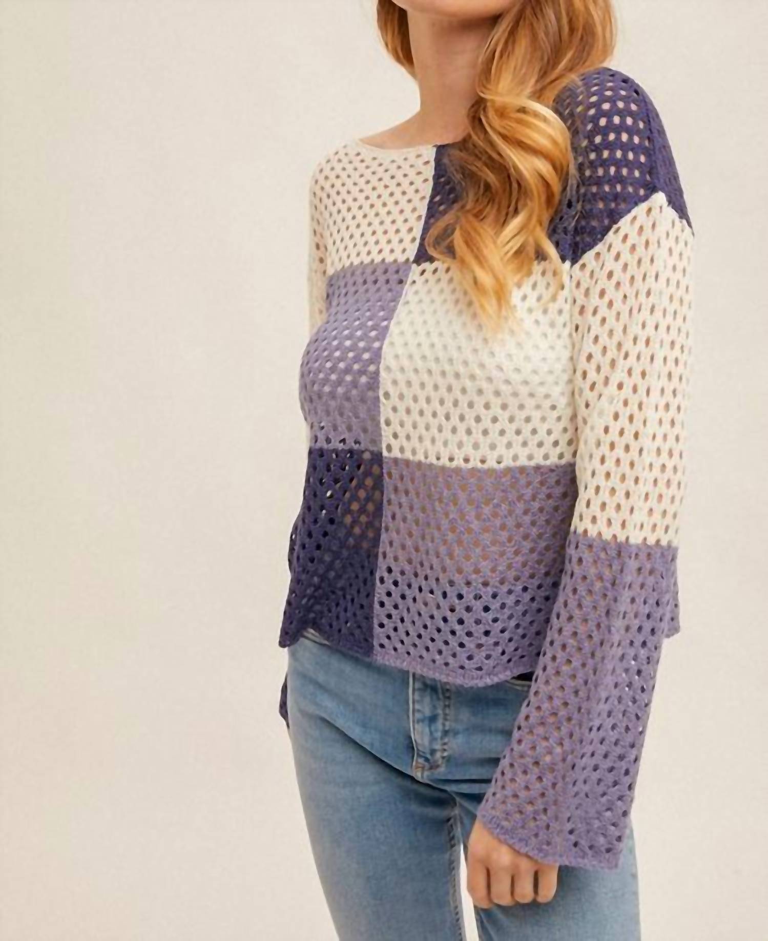 Hem & Thread - Color Block Fishnet Boat Neck Sweater