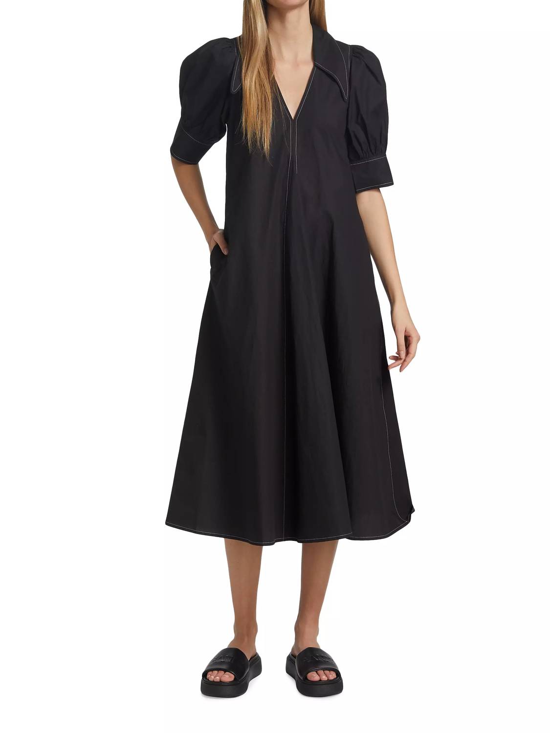 Ganni - Cotton Poplin V-neck Midi Dress