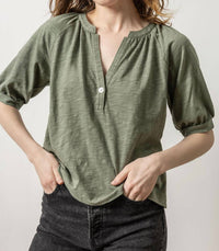 Lilla P - Loose Knit Slub Shirred Split Neck Tee