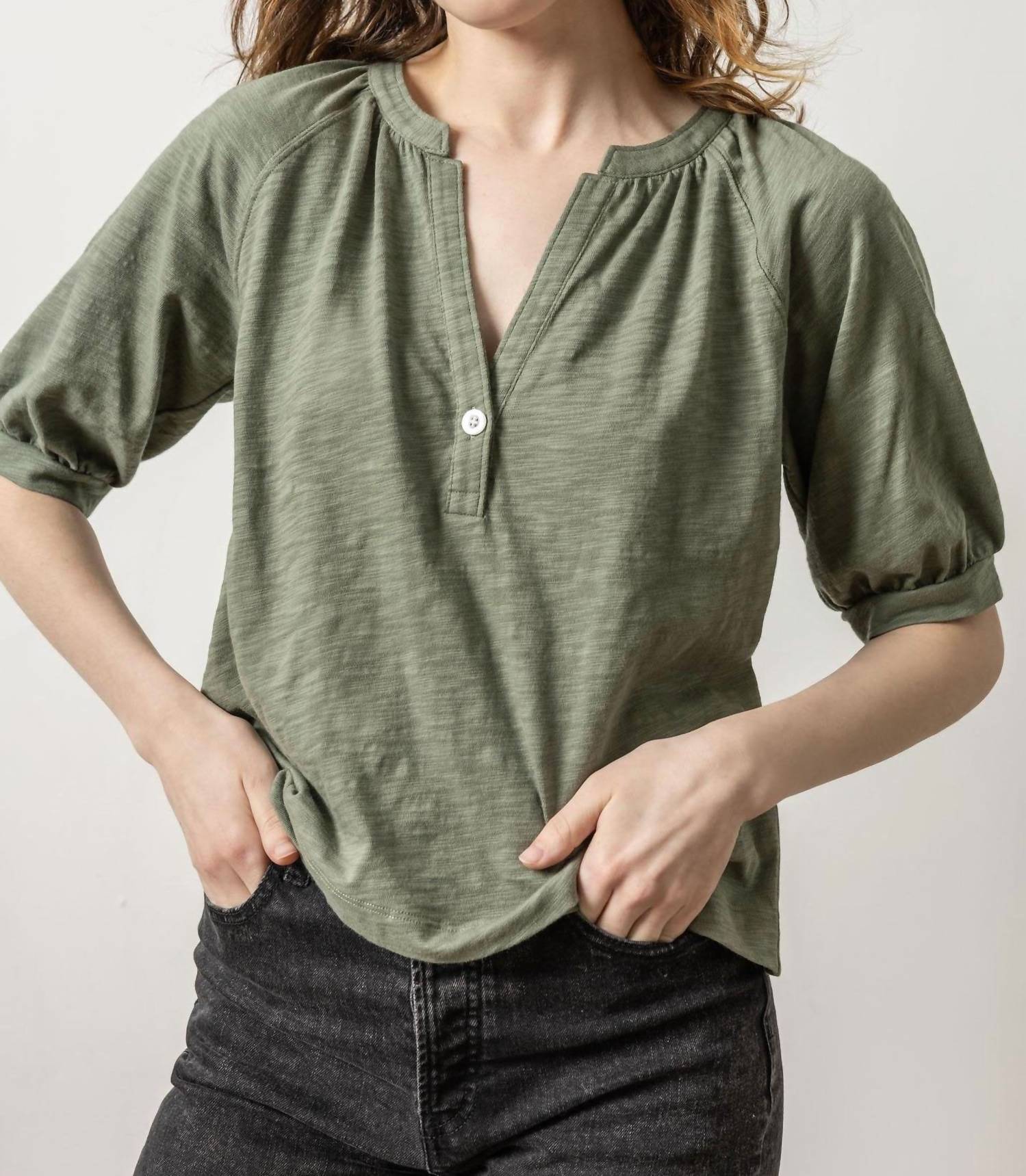 Lilla P - Loose Knit Slub Shirred Split Neck Tee