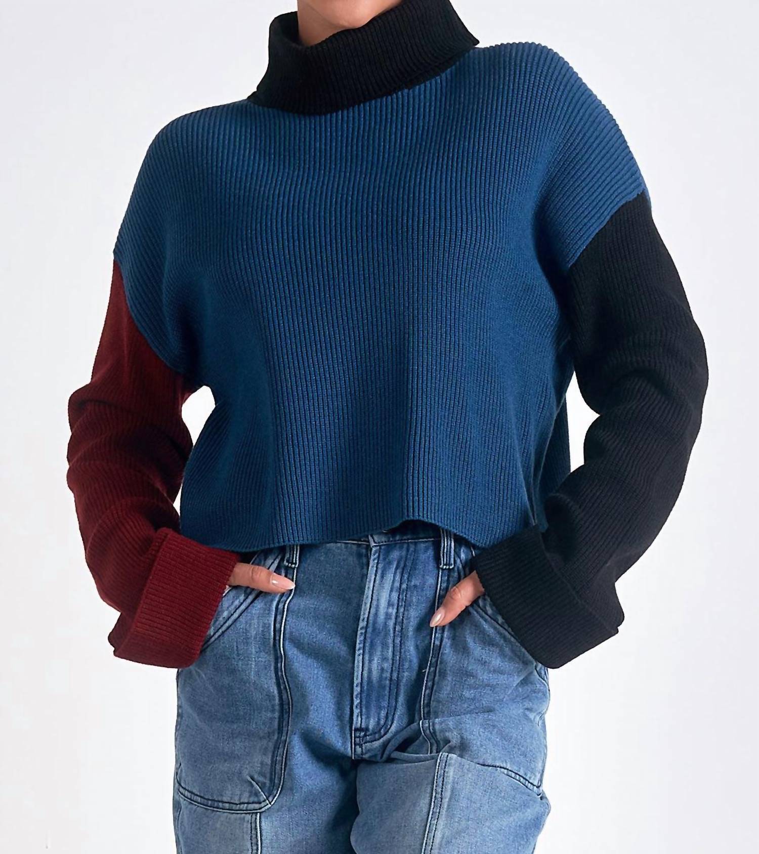 ELAN Long Sleeve Mock Neck Sweater in blue - women's sweater