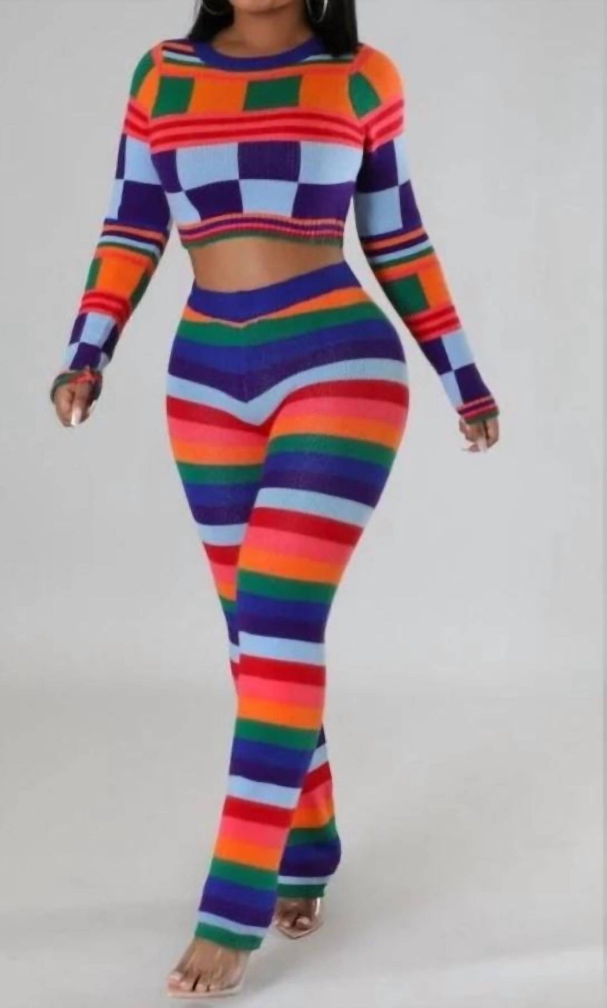 Beston - Color Block Top and Pants Set
