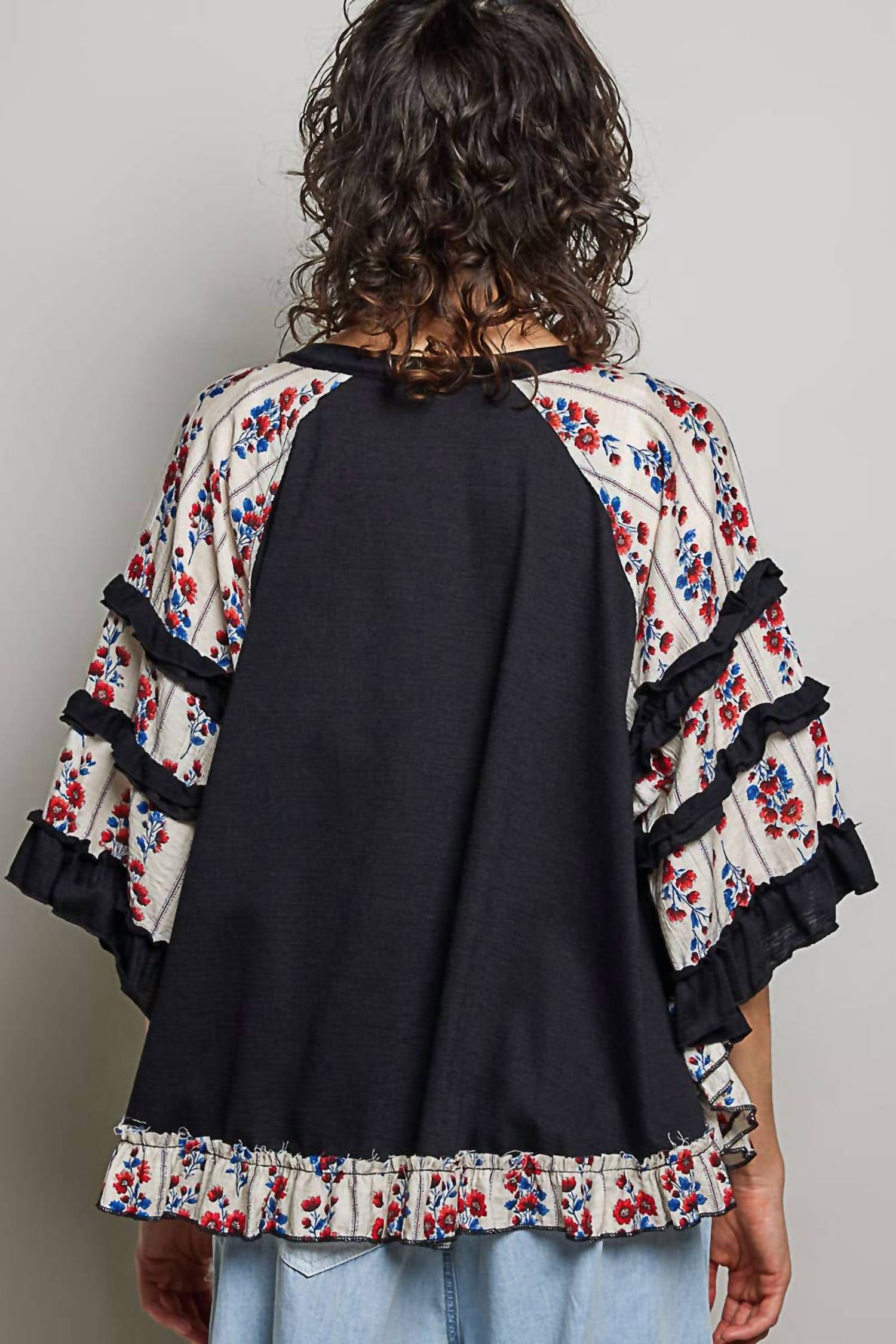 Pol - Boho Mixed Print Floral Sleeve Lace Panel Top