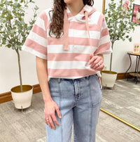 Doe And Rae - Striped Short Sleeve Hooded Pullover Top