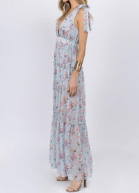 Fanco - Baby Blue Floral Deep V-neck Flowing Maxi Dress