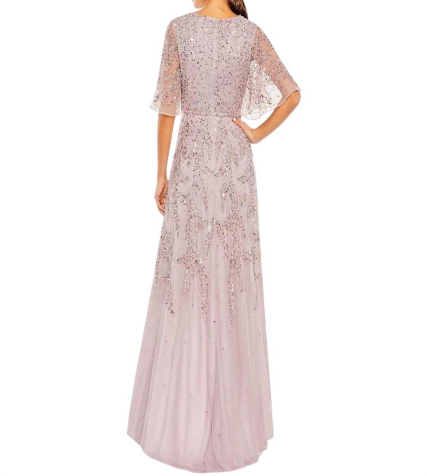 Mac Duggal - Sequined V Neck Illusion Sleeve A Line Gown