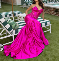 Rachel Allan Structured Corset Bodice Stretch Satin Gown in fuchsia - women's dress - alternate view
