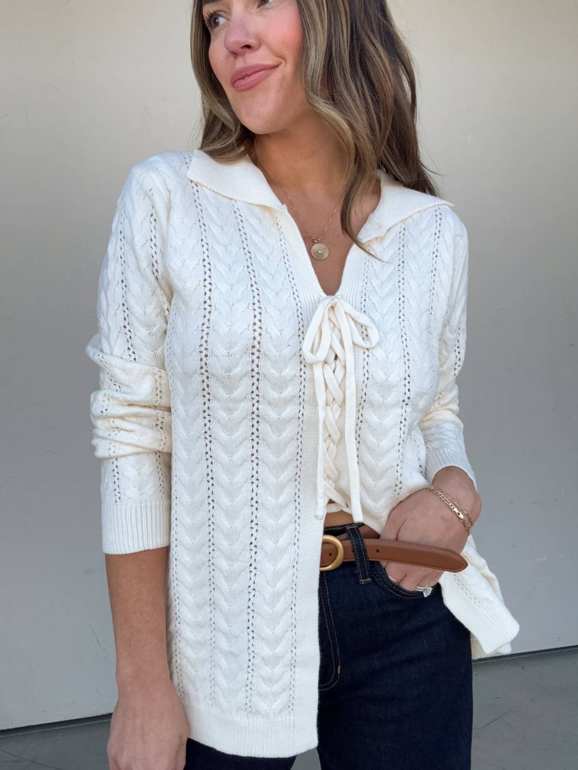 Cozy Co. - Cableknit Lace Up Sweater