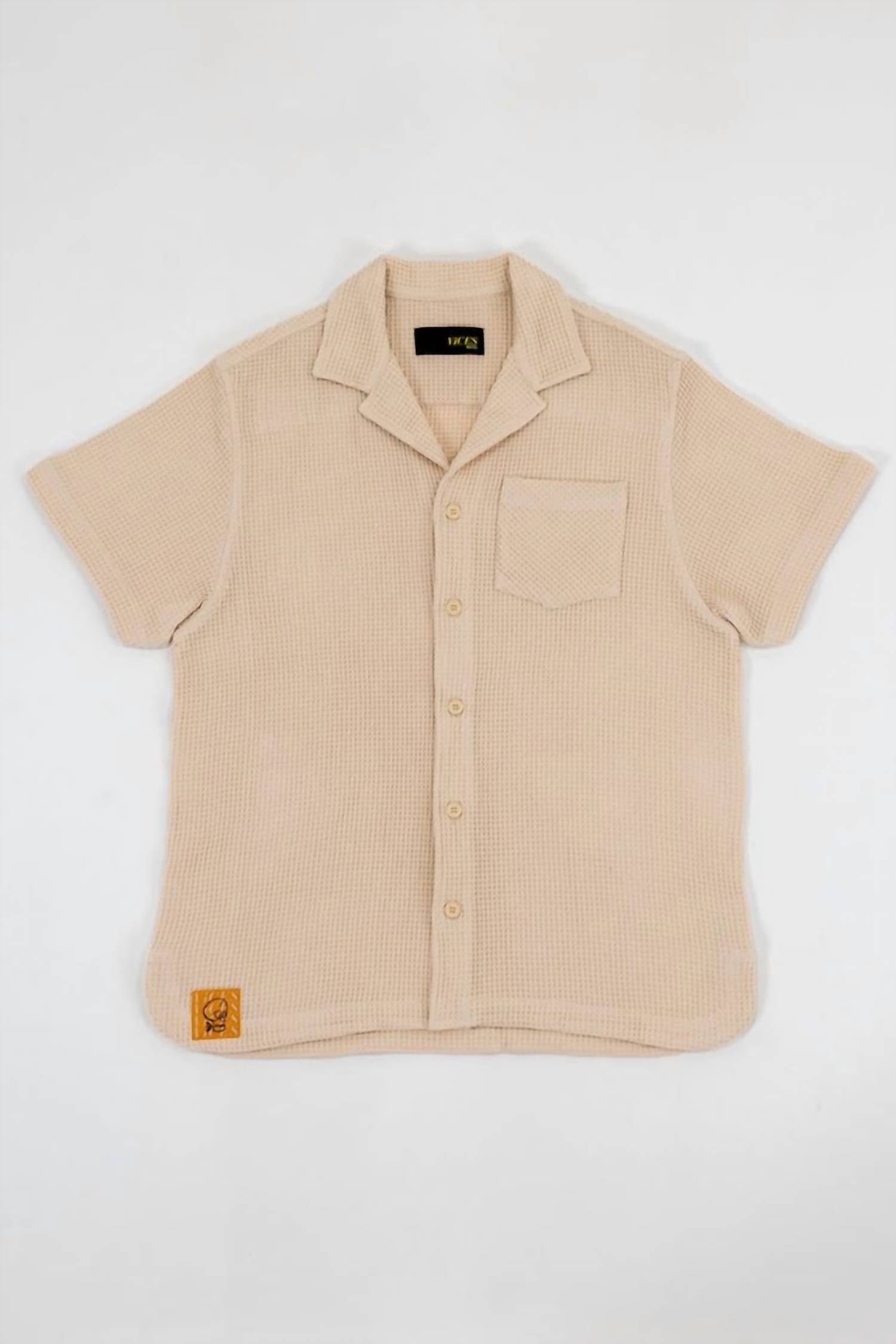 Vices & Co. Waffle Resort Short Sleeve Button Down Shirt in beige - men's shirt - detail view