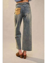 Blue B - Contrast Panel And Pocket Wide Leg Denim Jeans