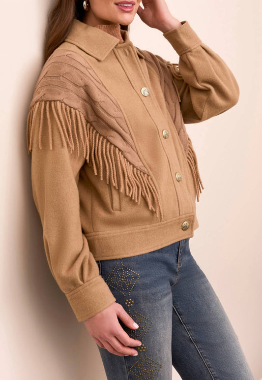 Tribal - FRINGE-SHOULDER BUTTON-FRONT KNIT JACKET