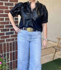 Never A Wallflower - Elastic Collar Faux Leather Top