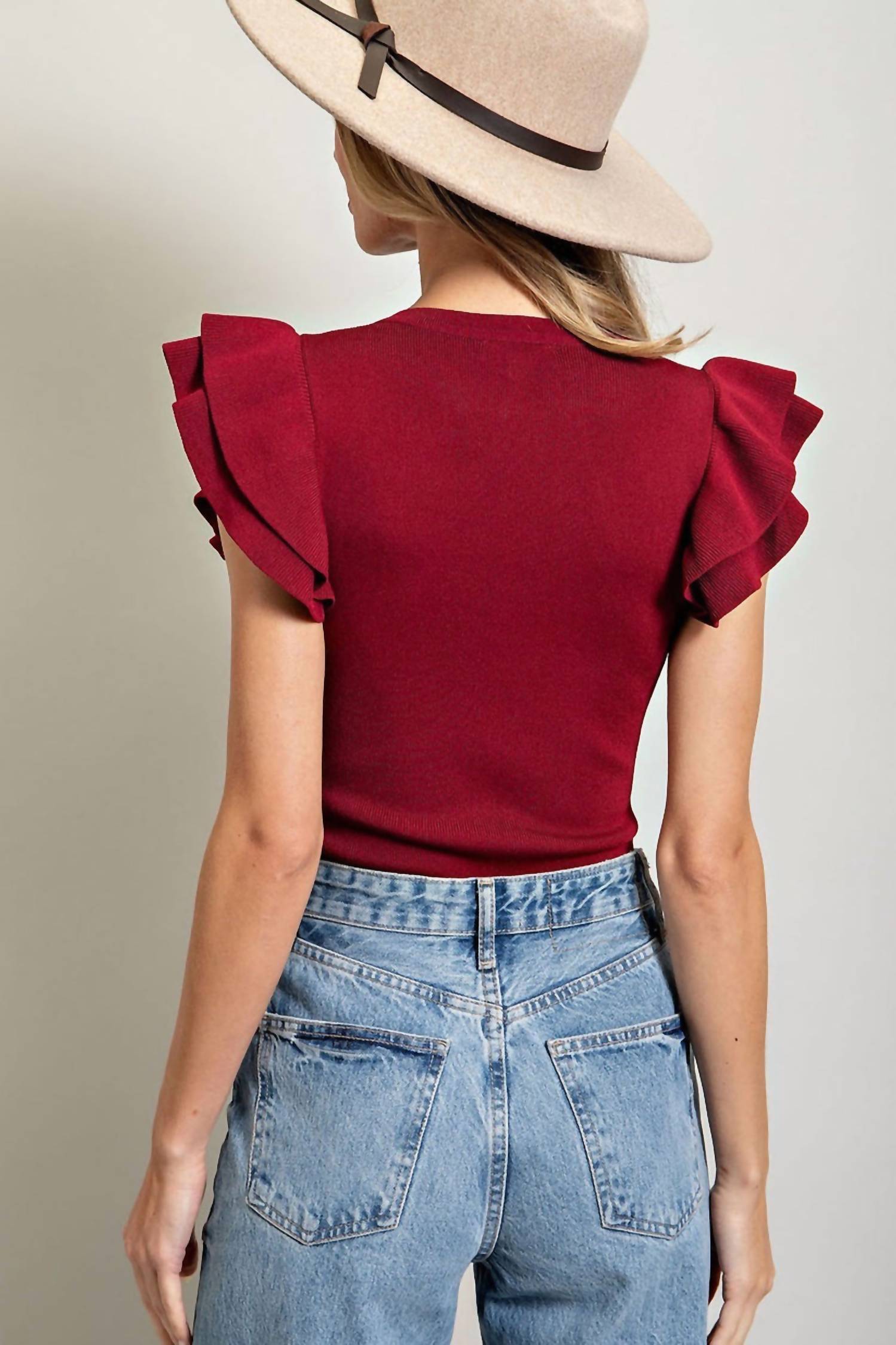 Ee:Some - Ribbed Bodysuit With Ruffled Sleeves