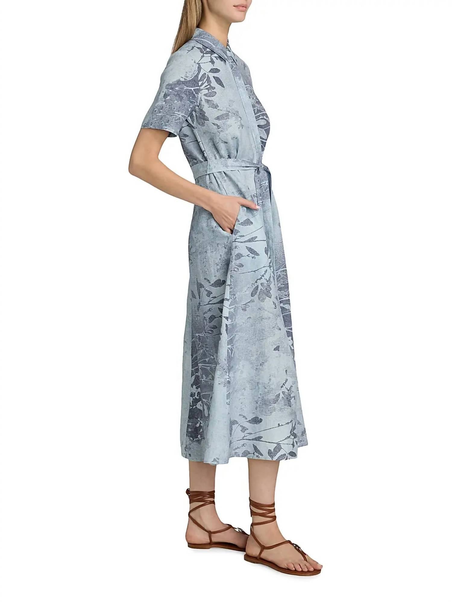 SIMKHAI Audria Floral Linen-blend Belted Midi Dress in multicolor - women's dress - detail view