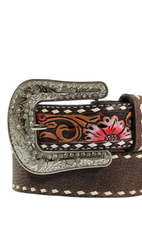 Angel Ranch Women's Leather Hand Painted Accents Belt in brown multi - women's accessory - detail view