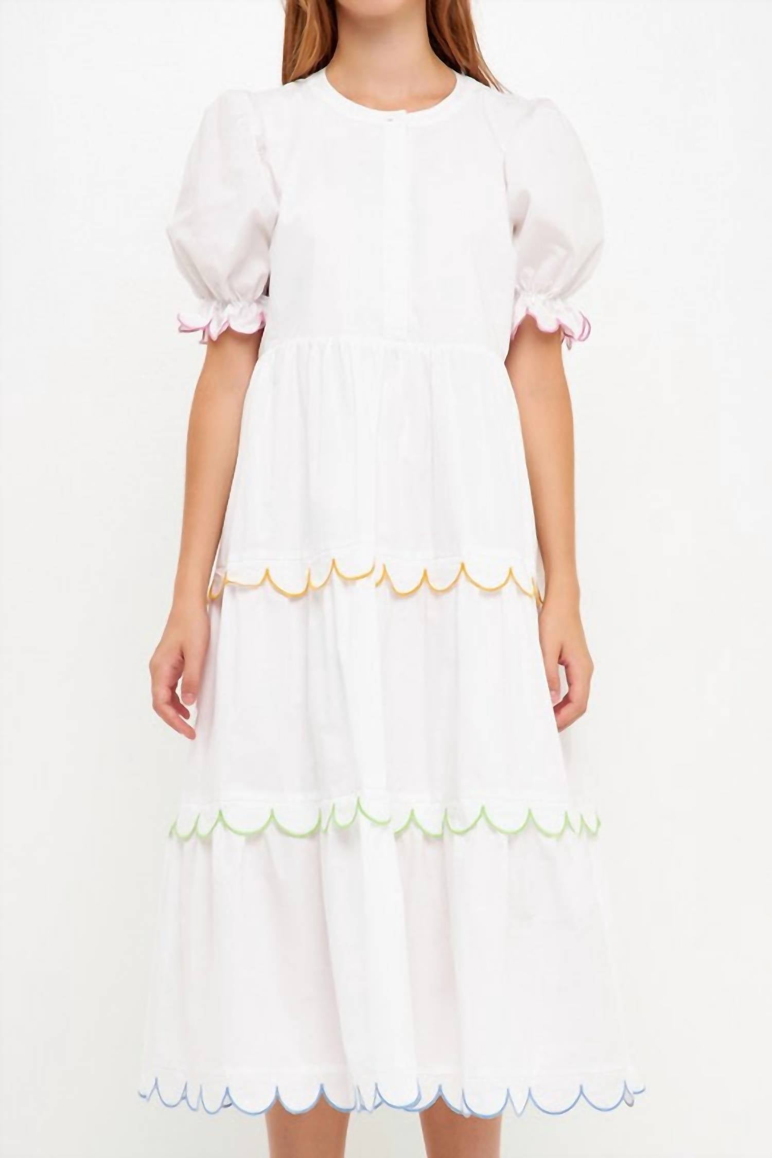 2.7 August Apparel - Scallop Edge Puffy Short Sleeve Midi Dress