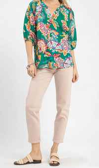 Umgee - Paisley Print V-neck Half Button Down Top