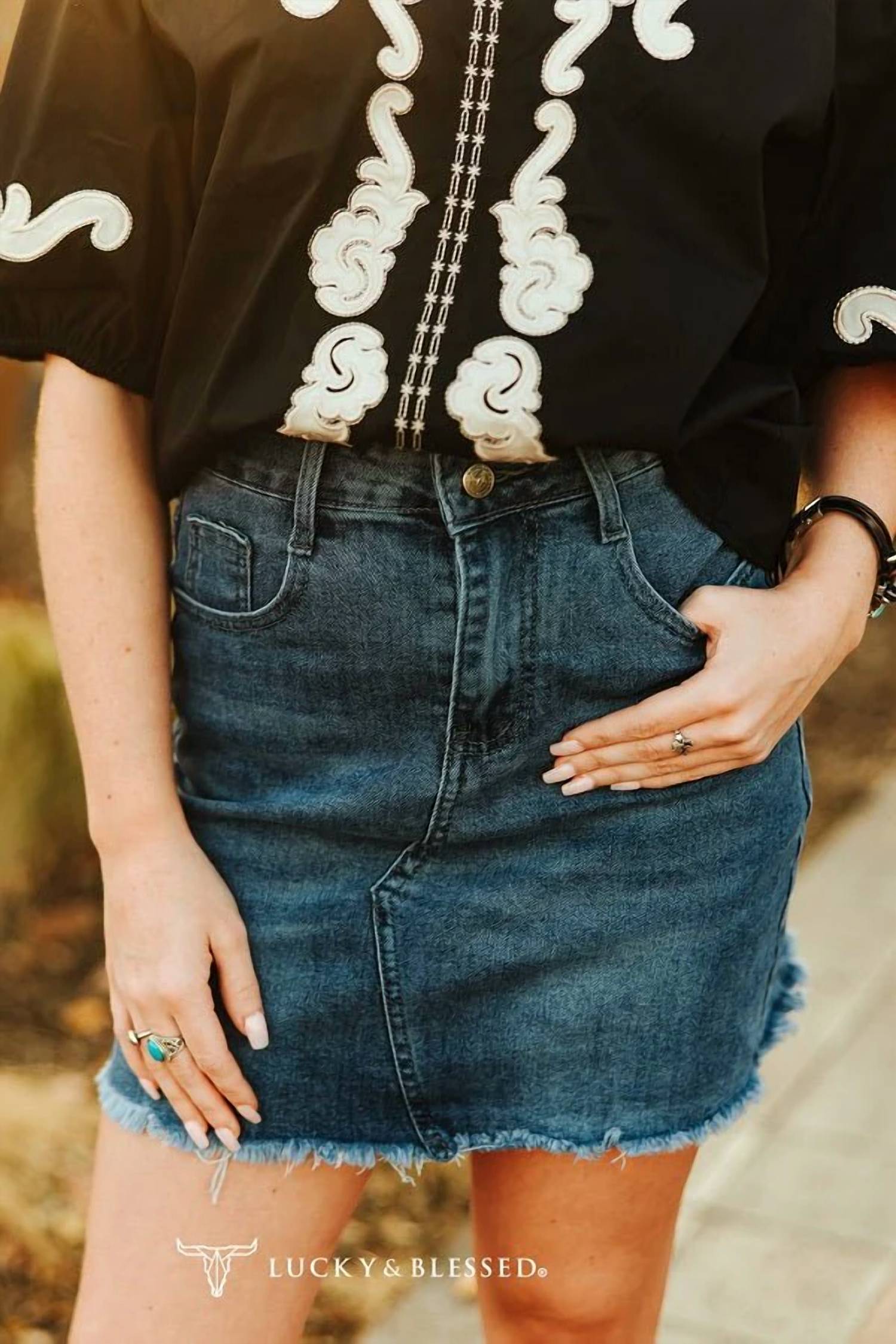 Lucky & Blessed - High-rise Raw Hem Western Denim Mini Skirt