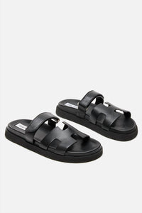STEVE MADDEN Women's Mayven Flatform Slide Sandals in black - women's sandal - detail view