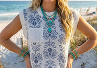 LA MIEL Floral Knit Sweater Vest Top in pacific blue - women's blouse - detail view