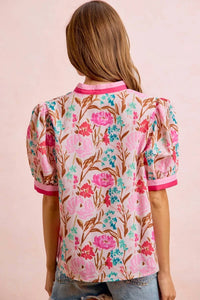 Bibi - Chelsea Floral Puff Sleeve Contrast Trim Blouse