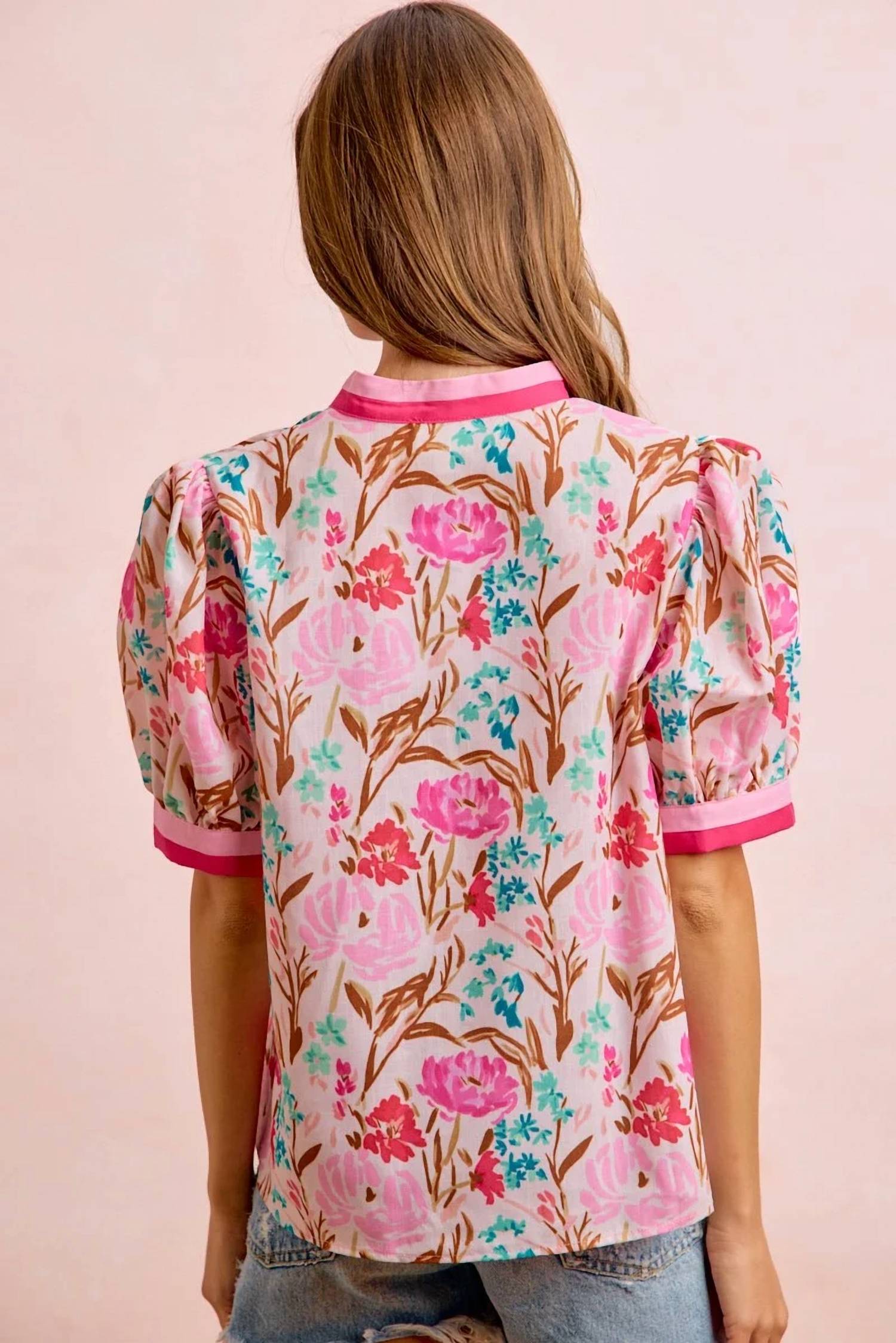 Bibi - Chelsea Floral Puff Sleeve Contrast Trim Blouse