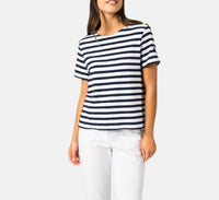 SAINT JAMES Short Sleeve Tee With Bouclé Stripes And Shoulder Buttons in white and marine - women's t-shirt