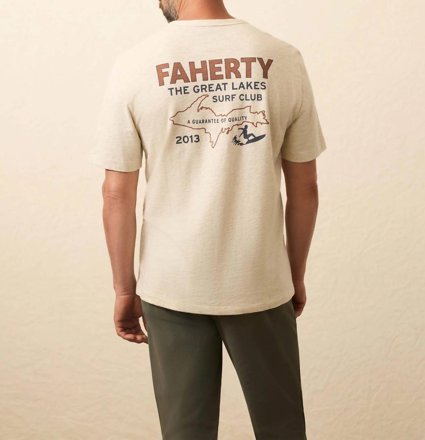Faherty Sunwashed Graphic Tee Top in island dune heather - men's t-shirt - detail view