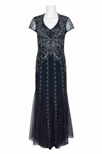 Adrianna Papell - V-neck Godet Cutout Back Embellished Mesh Gown