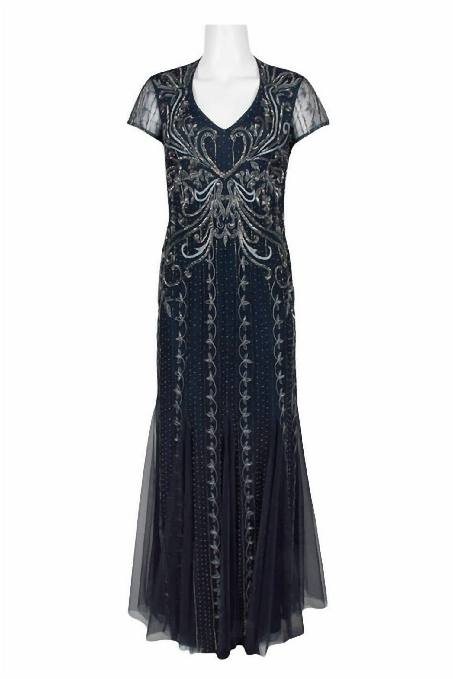 Adrianna Papell - V-neck Godet Cutout Back Embellished Mesh Gown