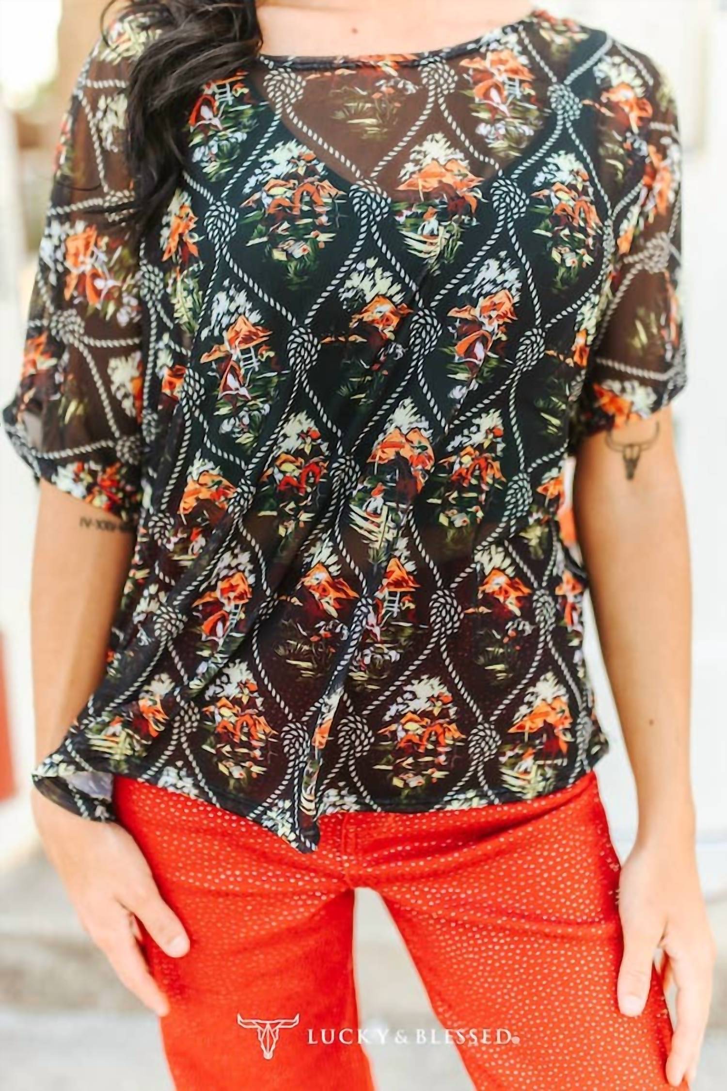 Lucky & Blessed - Scenic Western Ranch Mesh Top