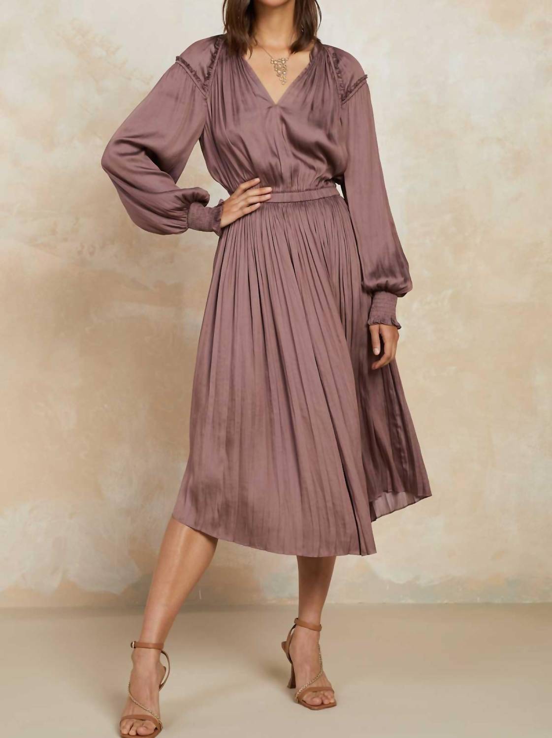 current air V-NECK LONG SLEEVE MIDI DRESS WITH SMOCKED CUFFS AND RUFFLE DETAILS in mauve - women's dress
