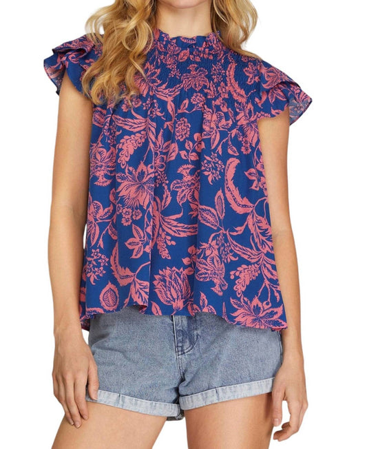 She + Sky - Double Layered Flutter Sleeve Print Top w/Smocked Yoke