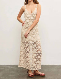 Mustard Seed - Solid Crochet Floral Slit Midi Dress