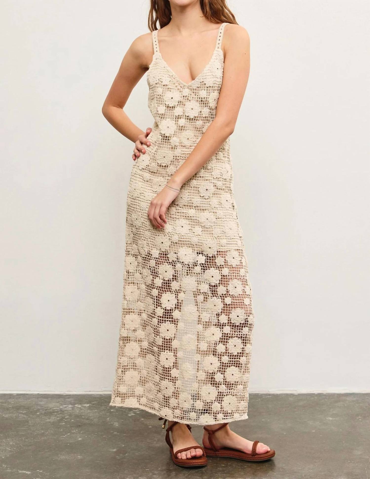 Mustard Seed - Solid Crochet Floral Slit Midi Dress