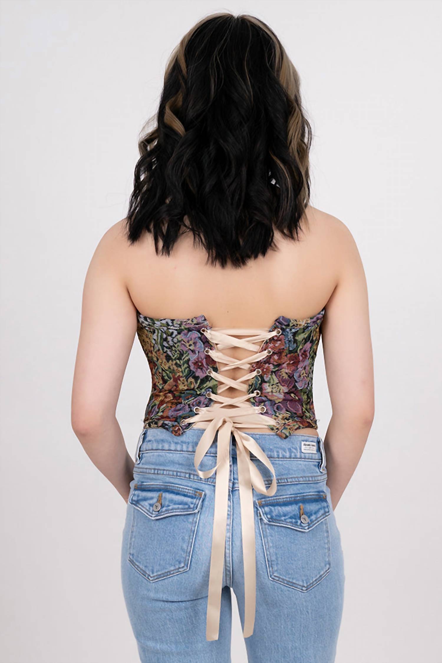 Tic Toc - Lace-up Back Tapestry Corset Top
