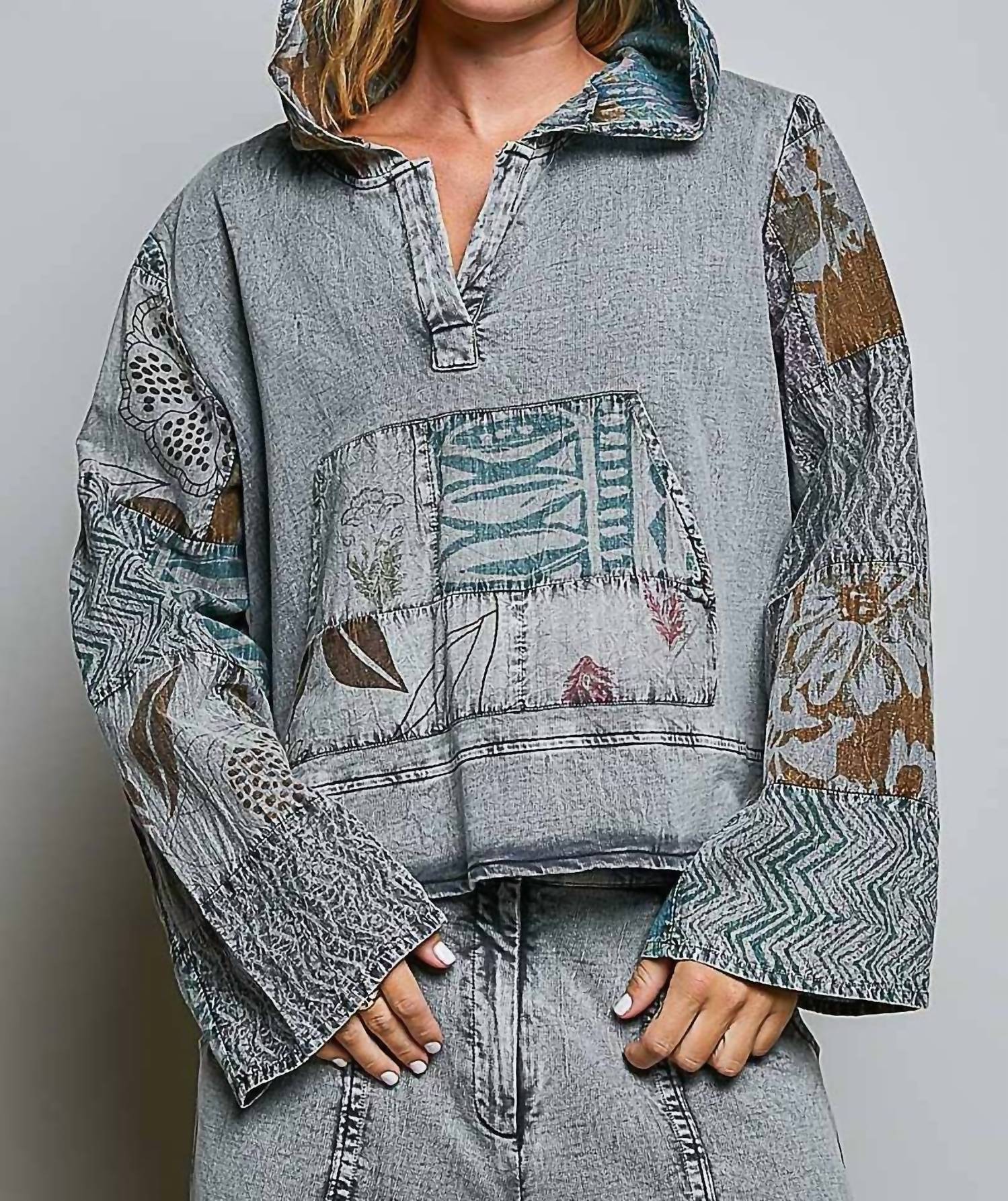 Pol - Patchwork Pullover Half Placket Kangaroo Hoodie