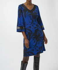 Joseph Ribkoff - Floral Print V-neck 3/4 Sleeve A-line Dress