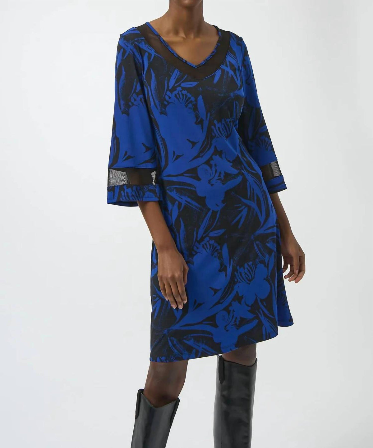 Joseph Ribkoff - Floral Print V-neck 3/4 Sleeve A-line Dress