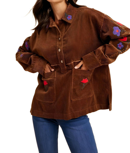 Knit & Lounge - Embroidered Floral Corduroy Button-up Jacket