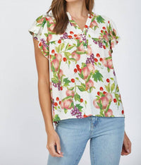 Fate Fruit Print Flutter Sleeve Split Neck Top in cream multi - women's blouse - view 6