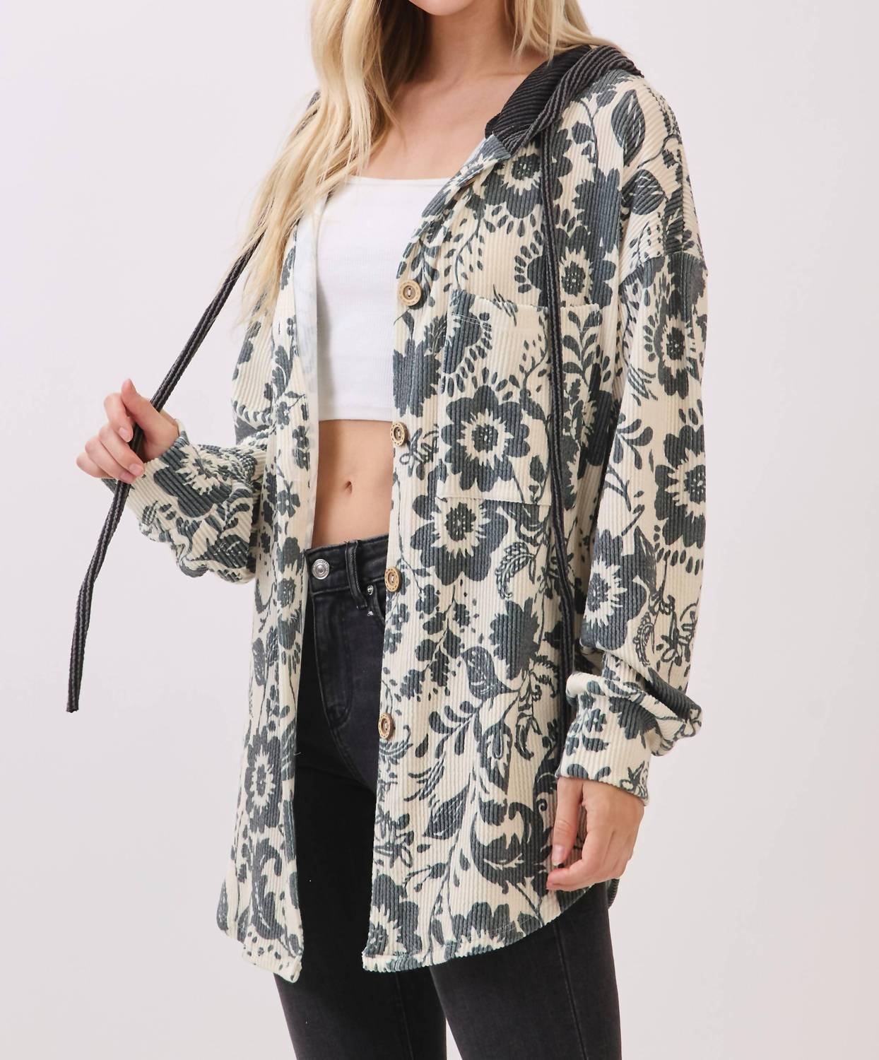 Bombom - Floral Ribbed Knit Hoodie Shacket